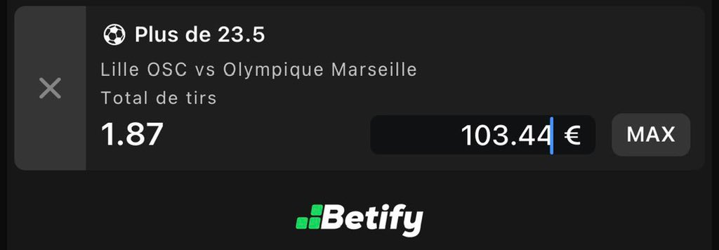 vdocompany's tweet image. SUREBET DÉTECTÉ 🚨🚨🚨

Match : Lille - Marseille  

Misez : 

77.36 sur -23.5 tirs dans le match à 2.5 sur Winamax ✅

103.43 sur +23.5 tirs dans le match à 1.87 sur Betify ✅

Et obtenez 13€ gratuitement ! ✅

- Par VDO Group