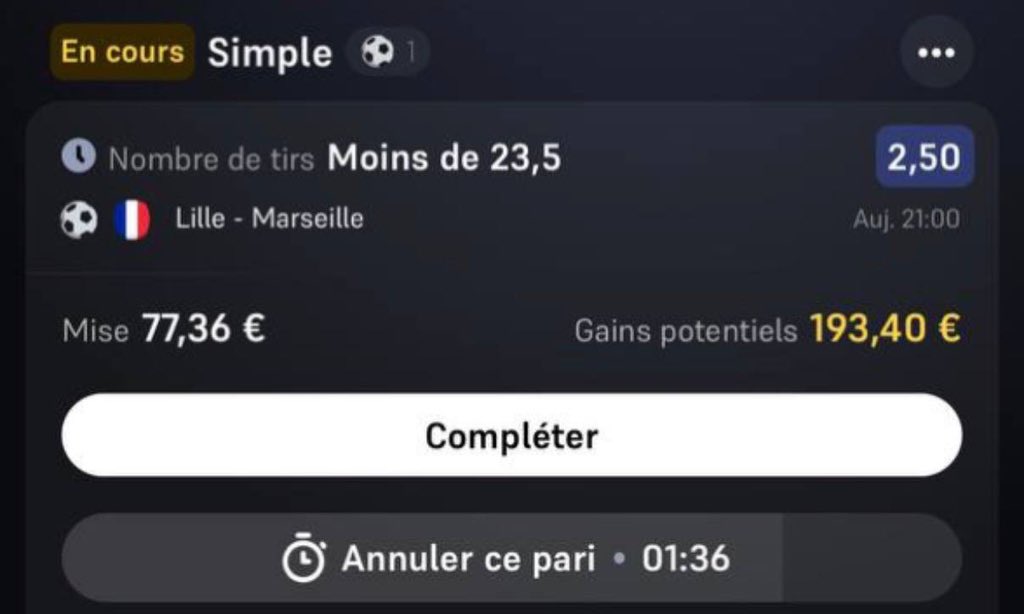 vdocompany's tweet image. SUREBET DÉTECTÉ 🚨🚨🚨

Match : Lille - Marseille  

Misez : 

77.36 sur -23.5 tirs dans le match à 2.5 sur Winamax ✅

103.43 sur +23.5 tirs dans le match à 1.87 sur Betify ✅

Et obtenez 13€ gratuitement ! ✅

- Par VDO Group