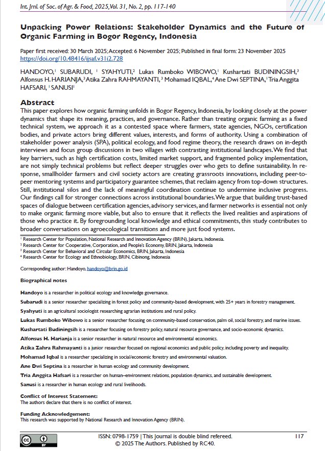 Explore the insight from Handoyo and team in their article "Unpacking power relations: Stakeholder dynamics and the future of organic farming in Bogor Regency, Indonesia."

Read the full article here:
ijsaf.org/index.php/ijsa…

#BRIN #Kependudukan #OrganicFarming #FoodSystems