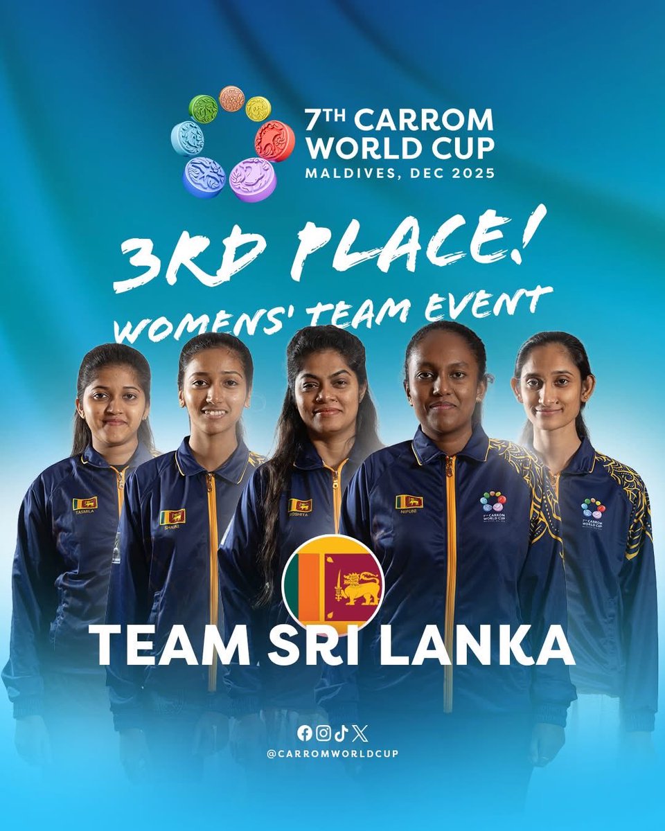 carromworldcup's tweet photo. 🥉 3rd Place | Womens' Team Event 
Congratulations to Team Sri Lanka 🇱🇰

A strong performance on the world stage at the 7th Carrom World Cup 2025. 👏🔥  
#CarromWorldCup #Carrom #TeamSrilanka https://t.co/jRXBkFSO4m