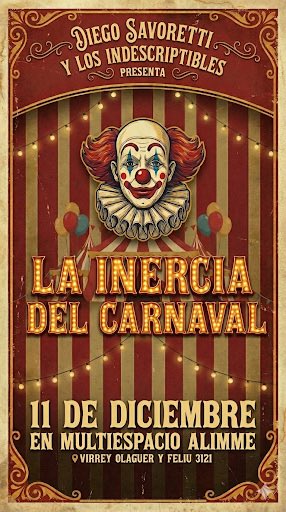 Diego Savoretti y Los Indescriptibles  

Presenta

La Inercia del Carnaval  

🤡  

11 de diciembre en Multiespacio Alimme  

📍Virrey Olaguer y Feliú 3121