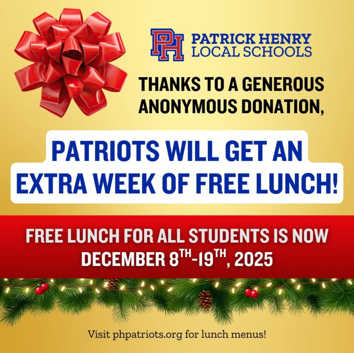 phls_supt's tweet image. Two very cool announcements by our district yesterday. We announced free student lunches for the week leading up to Christmas break, 1 week. Within a half hour of that announcement, a donor sponsored a second week. Two weeks of free lunches at PH! #PHStrong