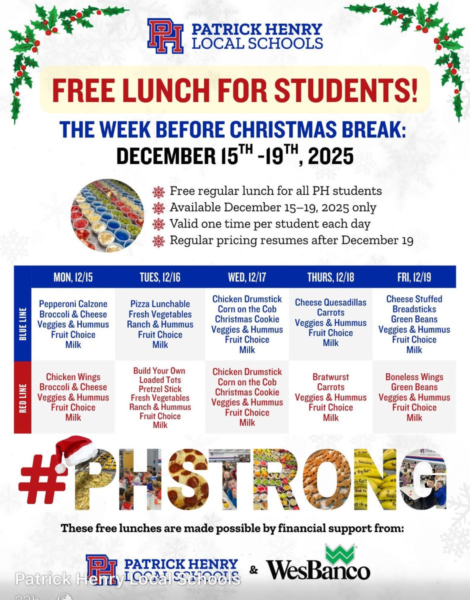 phls_supt's tweet image. Two very cool announcements by our district yesterday. We announced free student lunches for the week leading up to Christmas break, 1 week. Within a half hour of that announcement, a donor sponsored a second week. Two weeks of free lunches at PH! #PHStrong