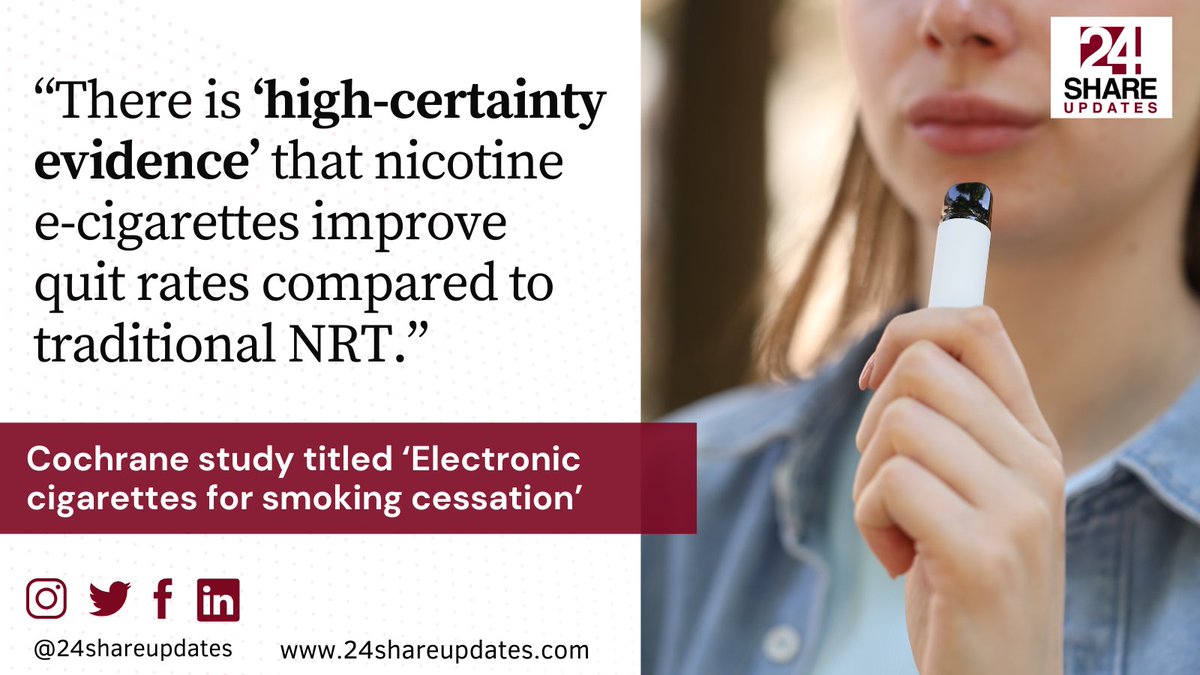 24shareupdates's tweet photo. Cochrane reports strong evidence that nicotine e-cigarettes help adult smokers quit traditional cigarettes.
Read the full story here : https://t.co/JhX1D3A6Ff https://t.co/wfFlKZiBjN