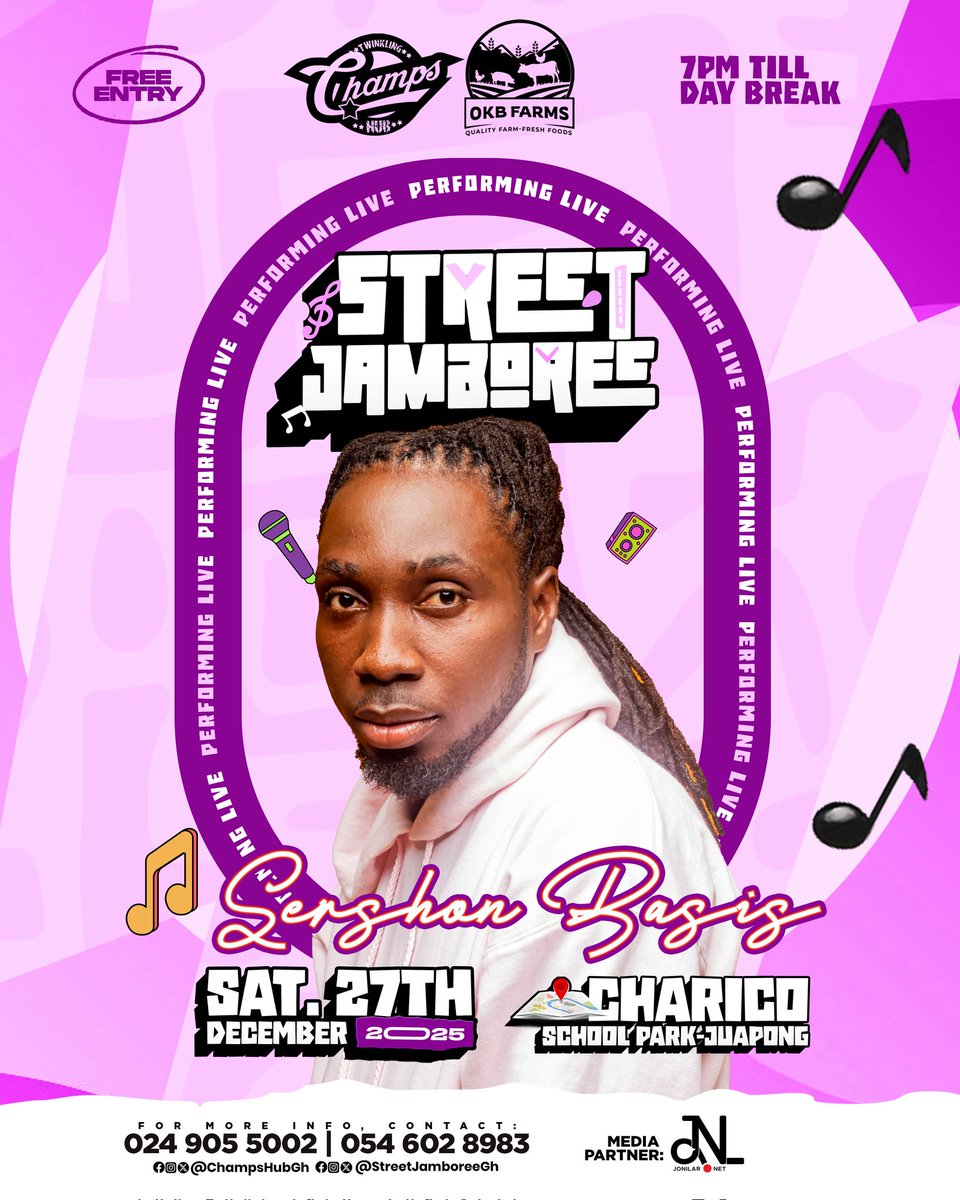 ▪︎ ᛕᎥᑎǤ ᗩƳᗩᒪᗩ  
▪︎ ᒪᗩ ᖴᗝᖇ丅Ƴ 
▪︎ ᖴᖇᗴᗪƳ ᕼᗩᖇᗪƳ 
▪︎ ǤᗴᖇSᕼᗝᑎ ᗷᗩSᎥS

will all be performing live at this year's <a href="/StreetJamboree/">Street Jamboree</a> 2️⃣0️⃣2️⃣5️⃣.

This year's edition is brought to you by <a href="/ChampsHubGh/">Champs Hub - Ghana</a> in partnership with <a href="/OkbFarms/">OKB Farms</a>.

⬇️⬇️⬇️