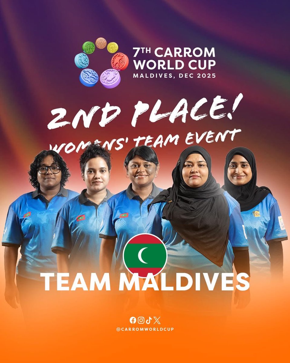 carromworldcup's tweet photo. 🥈 2nd Place | Womens' Team Event 
Congratulations to Team Maldives 🇲🇻

A strong performance on the world stage at the 7th Carrom World Cup 2025. 👏🔥  
#CarromWorldCup #Carrom #TeamMaldives https://t.co/lMQb6pBY5o