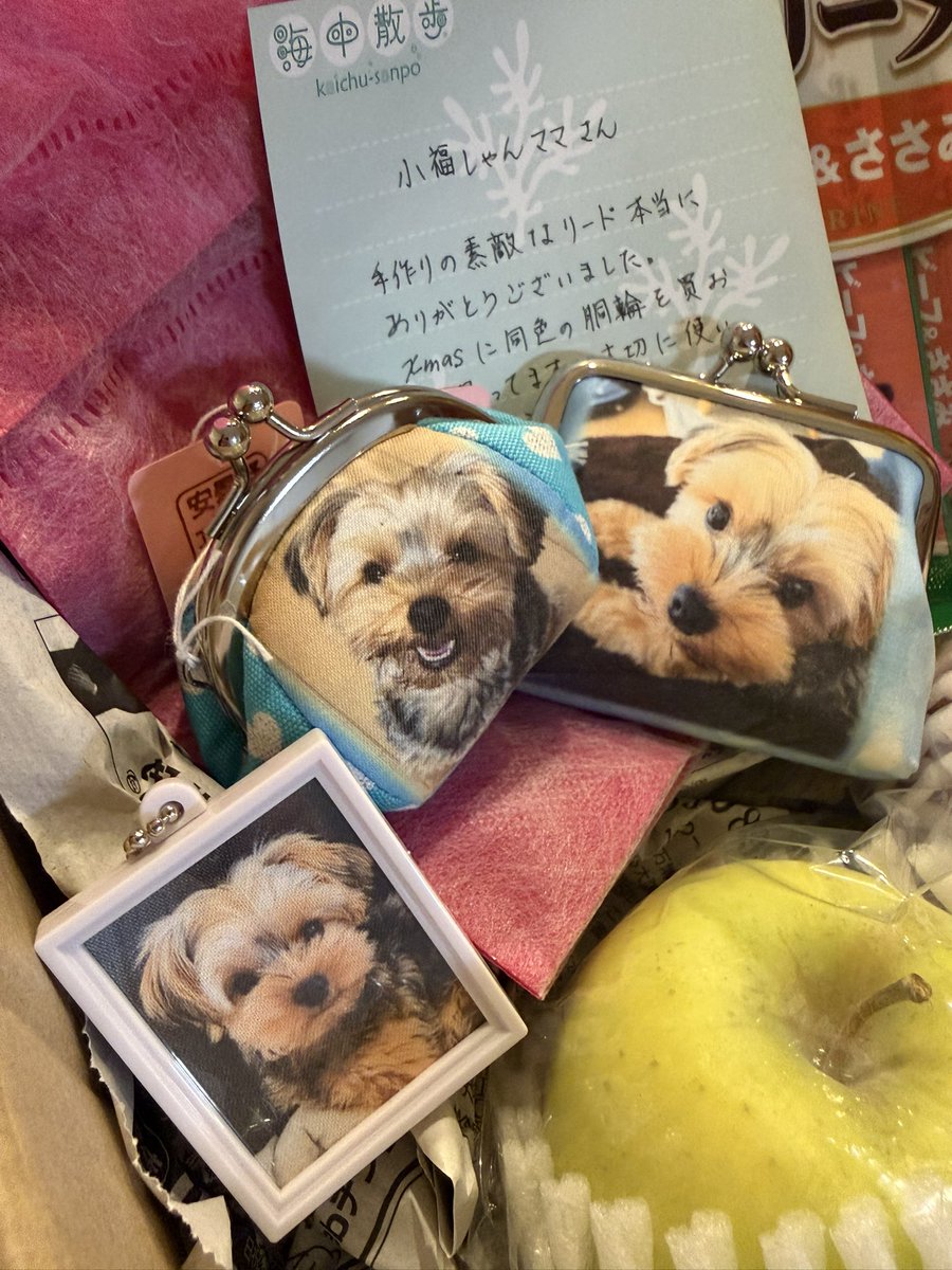 Kofuku “I received a coin purse and a key holder with my photo on them from Gamaguchi YAYA-san. They are my treasures! I will take good care of them.”

「がま口屋さんのYAYAさんから
🎁をもらいまちた❣️

あたちの
おかおの
がま口とキーフォルダー
だよ❣️

あたち
宝物に
しましゅ❣️」