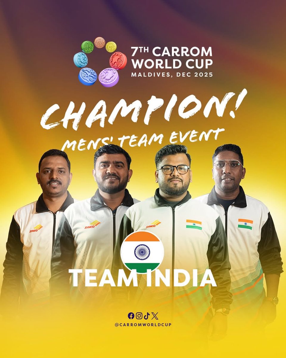 carromworldcup's tweet photo. 🥇 1st Place | Mens' Team Event 
Congratulations to Team India 🇮🇳

A strong performance on the world stage at the 7th Carrom World Cup 2025. 👏🔥  
#CarromWorldCup #Carrom #TeamIndia https://t.co/uWDZCdh51N
