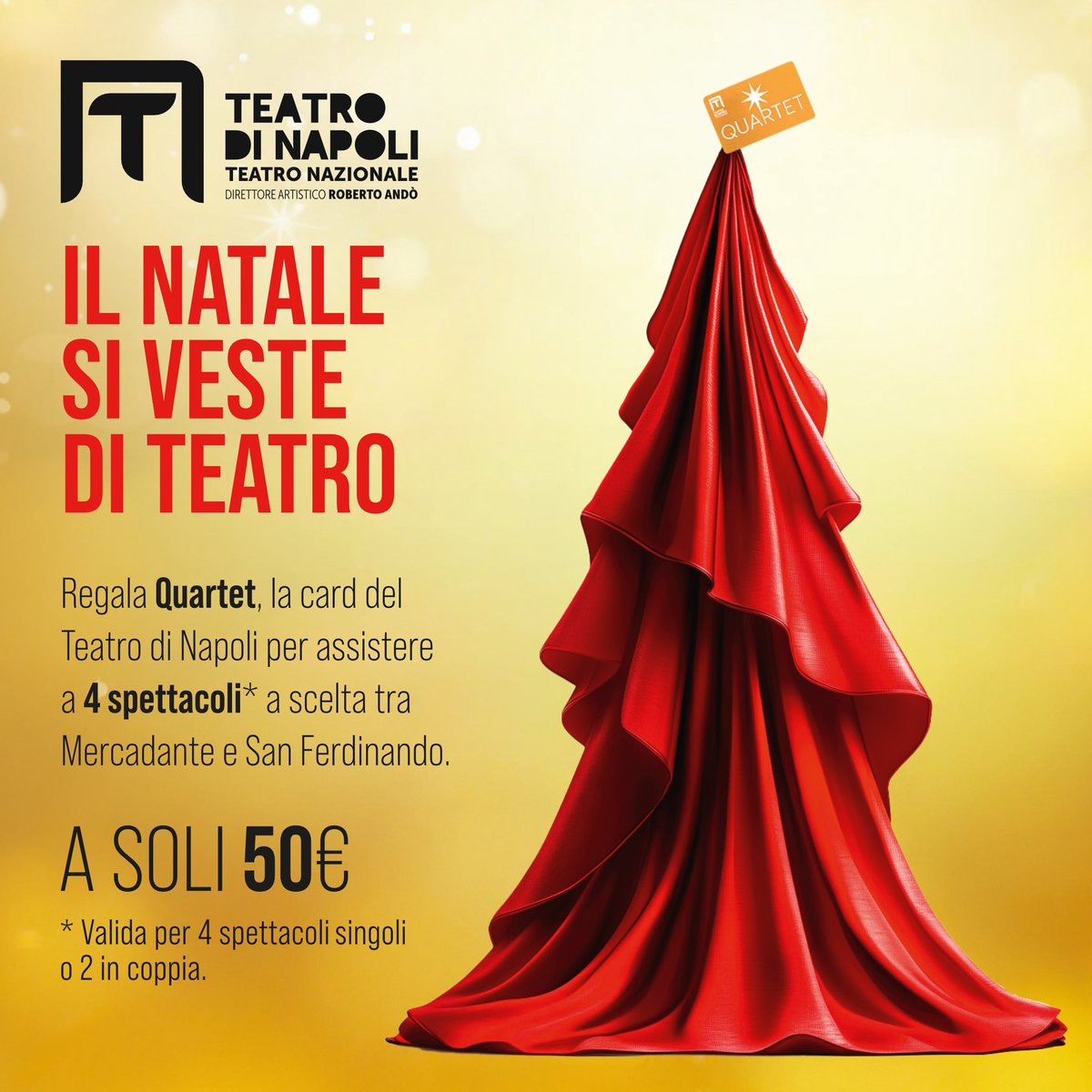 🎄 Quest’anno il Natale si veste di teatro! Regala o regalati 𝙌𝙪𝙖𝙧𝙩𝙚𝙩, la #card natalizia del #TeatrodiNapoli Scegli 𝟰 𝘀𝗽𝗲𝘁𝘁𝗮𝗰𝗼𝗹𝗶 tra #Mercadante e #SanFerdinando a soli 50€. Nelle nostre sale la festa dura fino a maggio!
Scopri di più: bit.ly/4oV2o9X