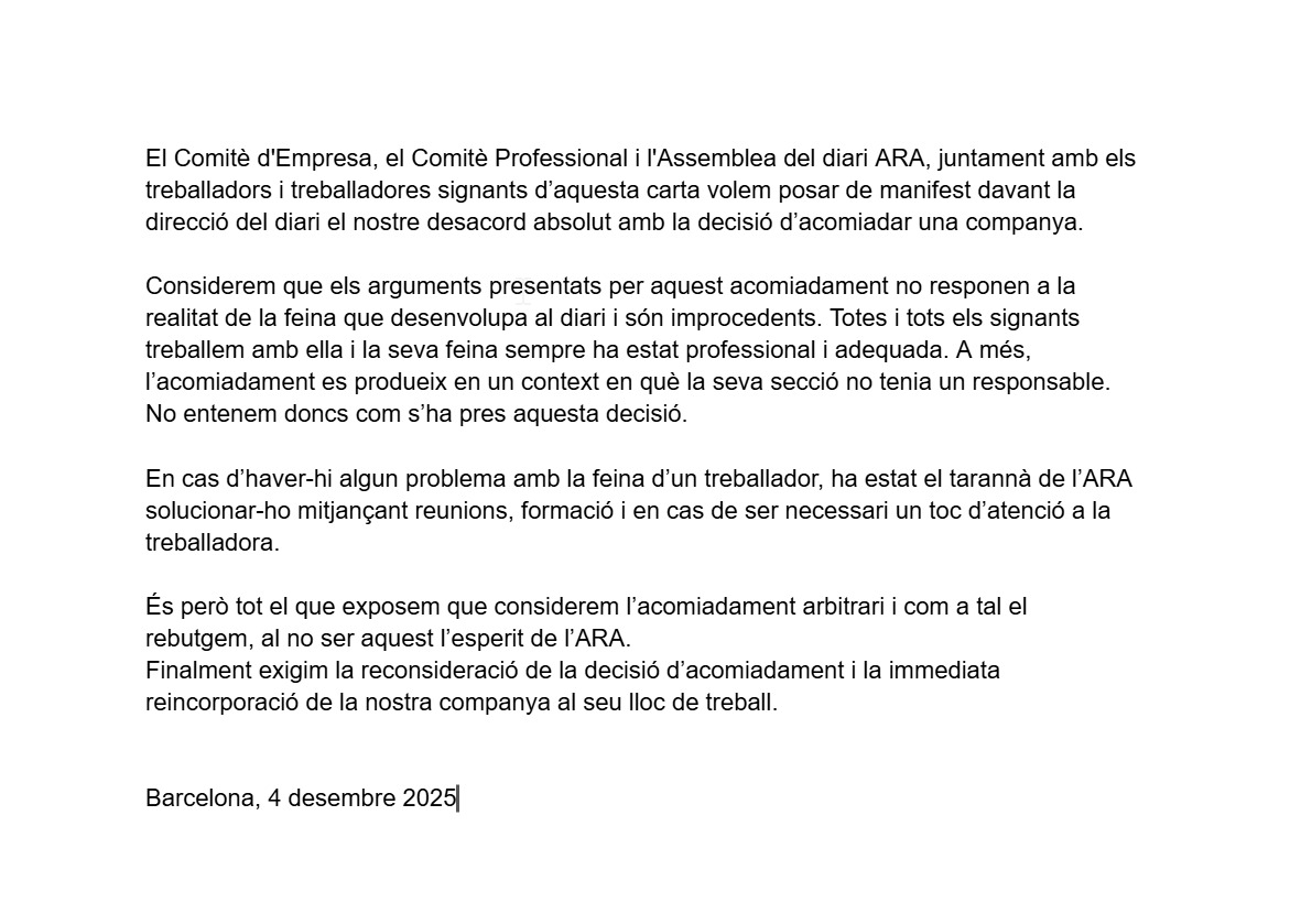 Comunicat del Comitè d'Empresa, el Comitè Professional i l'Assemblea del diari ARA, sobre l'acomiadament d'una companya.
