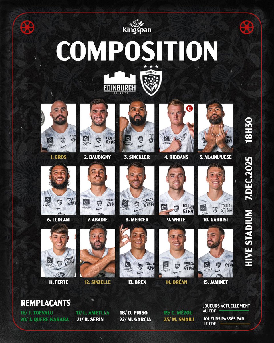 ⚔ 𝐋𝐀 𝐂𝐎𝐌𝐏𝐎 ⚔

🔙 Gros de retour
🏴󠁧󠁢󠁳󠁣󠁴󠁿 White à la maison
👶 Toevalu, première 

Notre partenaire #Kingspan vous présente les 2️⃣3️⃣ 🔴&amp;⚫ pour cette première journée de la <a href="/ChampionsCup_FR/">Investec Champions Cup France</a> !

#PerquéTolon #EDIvRCT