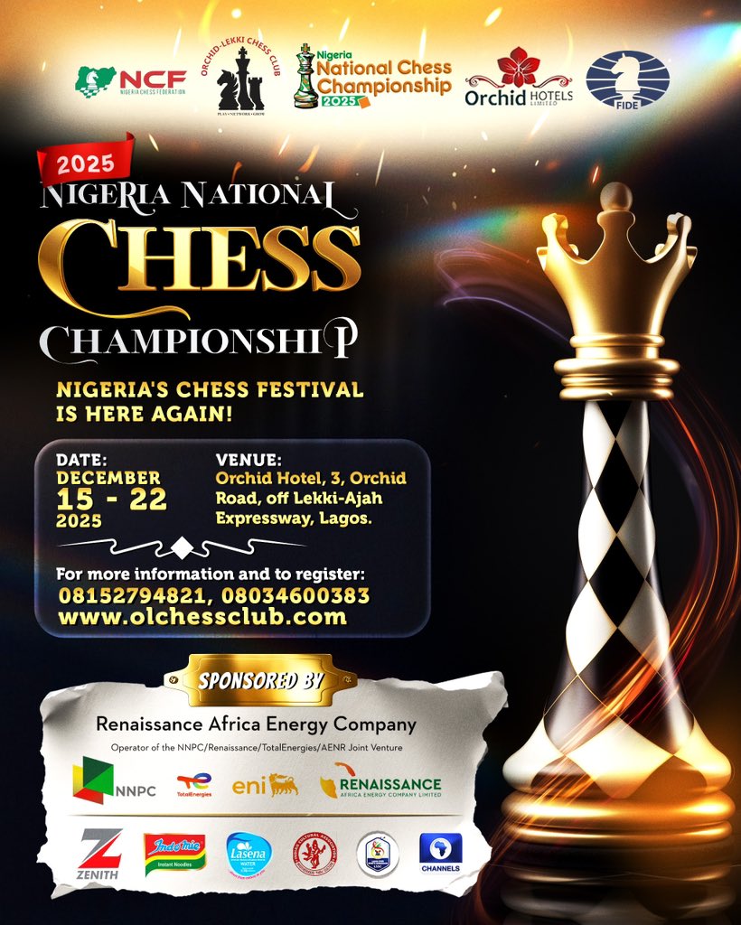 Tobilobaoguns's tweet photo. It’s a new month, it’s December and for all chess players and lovers in Nigeria we know what time it is. It’s time for the National Chess Championship!! And you’re all invited, so yes it doesn’t matter if you’re a beginner, amateur or an expert there’s a category for you 🔥. https://t.co/W42y8pmGLk