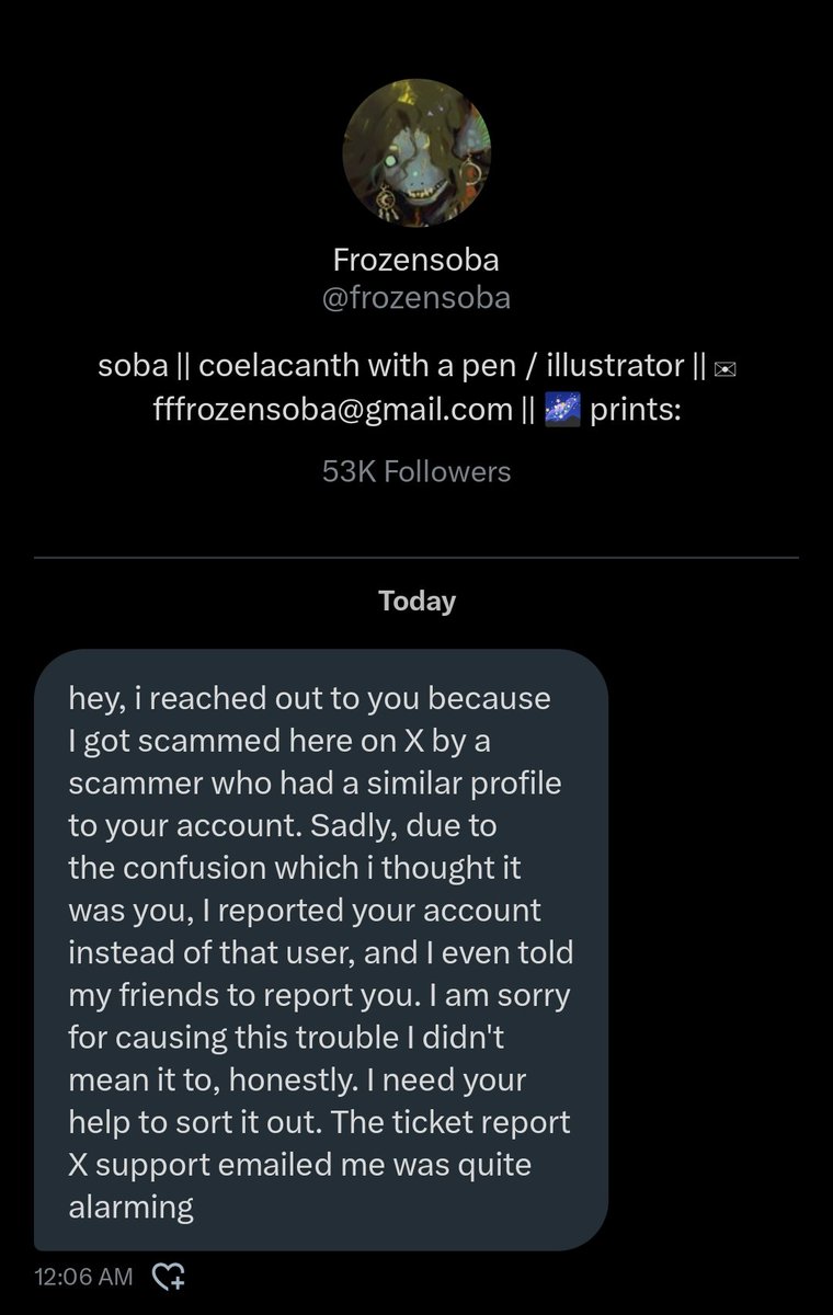 Oh no, just got a message from another hacked big artist account 😢

Be careful guys, don't fall for these..

It sucks the artist has lost their account.

If you know this artist's new account, please let me know. I want to continue following their art.