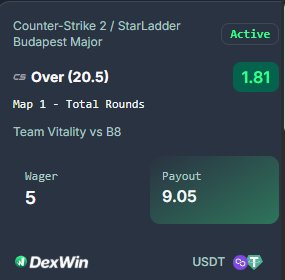 OwhePikin's tweet image. Team Vitality vs B8
Best betting odds in StarLadder Budapest Major today.
5 $USDT on Over 20.5 Rounds to win 9.05 $USDT.
Esports Betting Odds and Betting Lines Today available on @DexWin_Sports with clean markets.