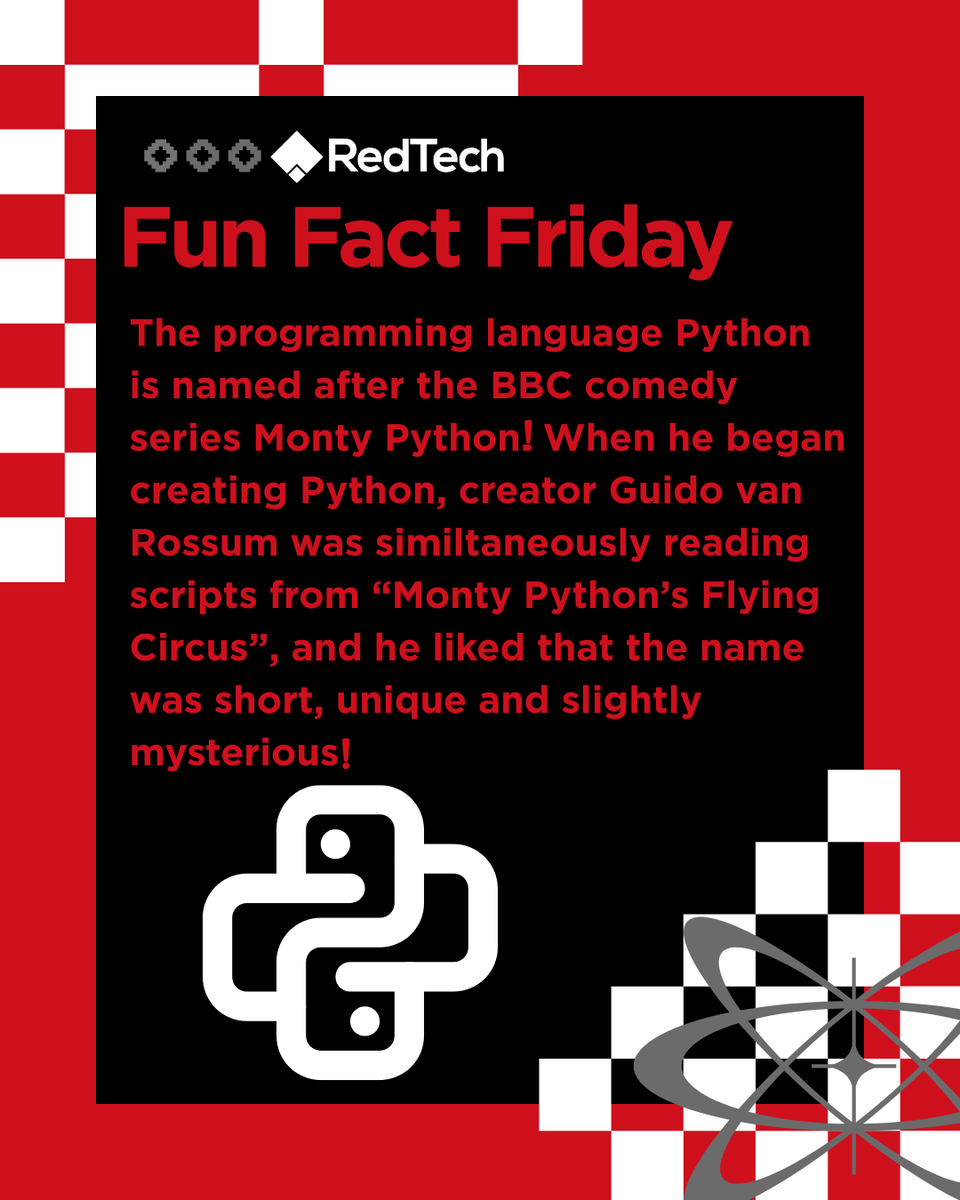 Welcome to this week's edition of Fun Fact Friday  – where we share fascinating aspects of tech trivia!

This week’s fun fact: the programming language Python wasn’t named after the snake… but after Monty Python!  

#funfact #tech #python #stem #coding #engineering