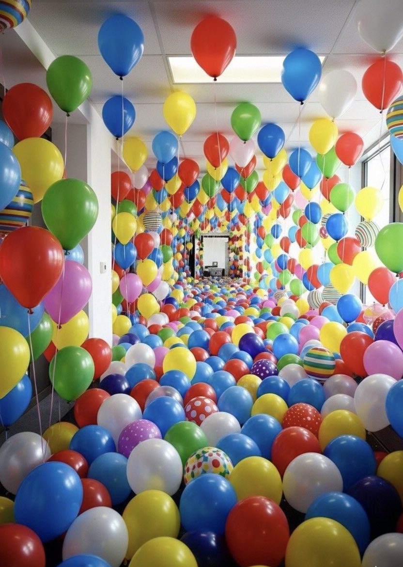 ₊ ⊹ꕤ𓂃܀𓇬🎈𖥔 ݁ ˖

ある日の授業でのこと。

教授は学生一人ひとりに風船を渡し
膨らませて自分の名前を書き
廊下いっぱいに放つよう
指示しました。

“ 5分以内に
　 自分の風船を見つけなさい“

そう告げられた学生たちは
必死に探しましたが
誰ひとりとして自分の風船を