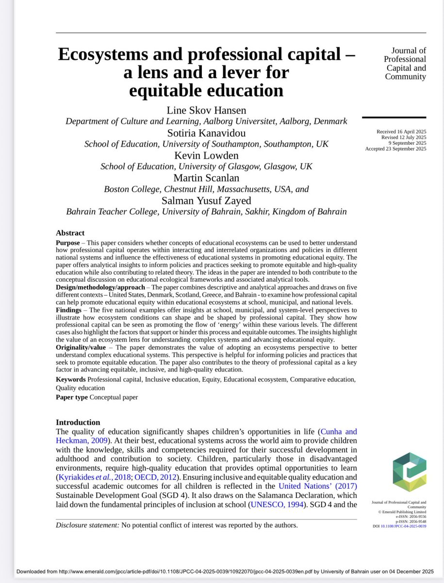 salmanzayed's tweet image. Proud to announce my new co-authored paper” Ecosystems and professional capital – a lens and a lever for equitable education,” published in @JPCCJournal. It’s the first comparative study to examine Bahrain’s educational reforms with four other global contexts.