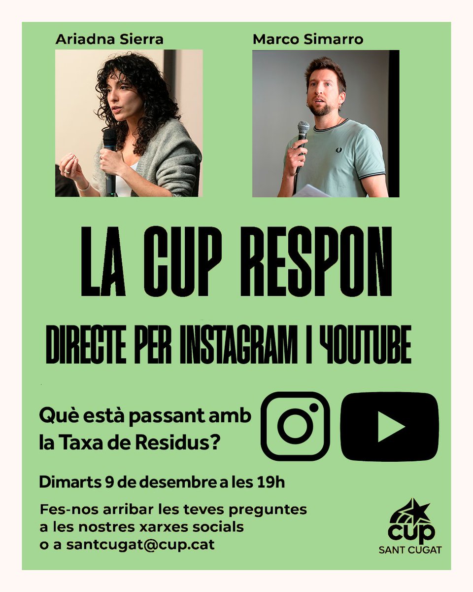 ♻️Tens dubtes o preguntes sobre la taxa de residus? 

Escriu-nos a les nostres xarxes o a santcugat@cup.cat i els nostres regidors et respondran en directe el dimarts 9 de desembre a les 19h per Instagram i Youtube