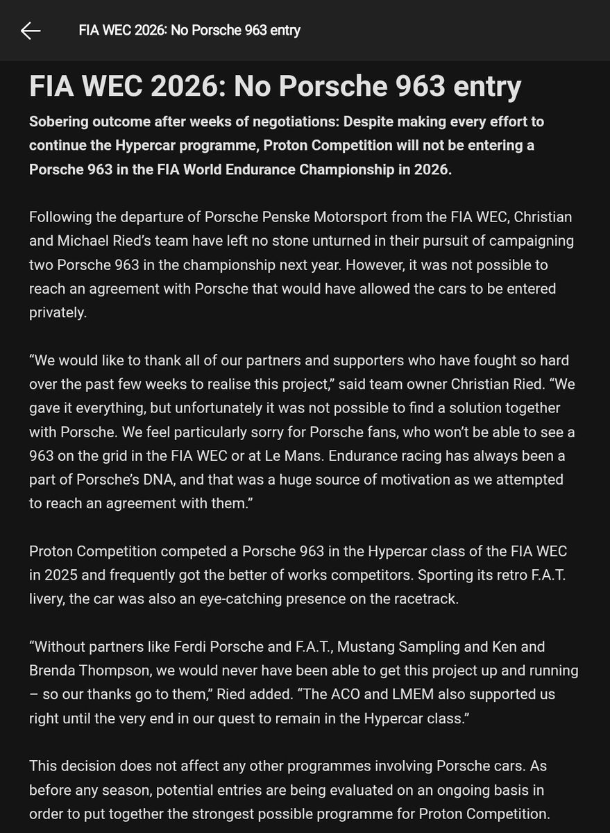 Jeśli ktoś się jeszcze łudził na to, że Porsche 963 zostanie w Hypercarach na 2026 choćby jako Proton Competition to już nie ma co się łudzić: Sam prywatny zespół potwierdził, że nie udało się wypracować rozwiązania
#f1pl #wecpl #wec #kontramoto