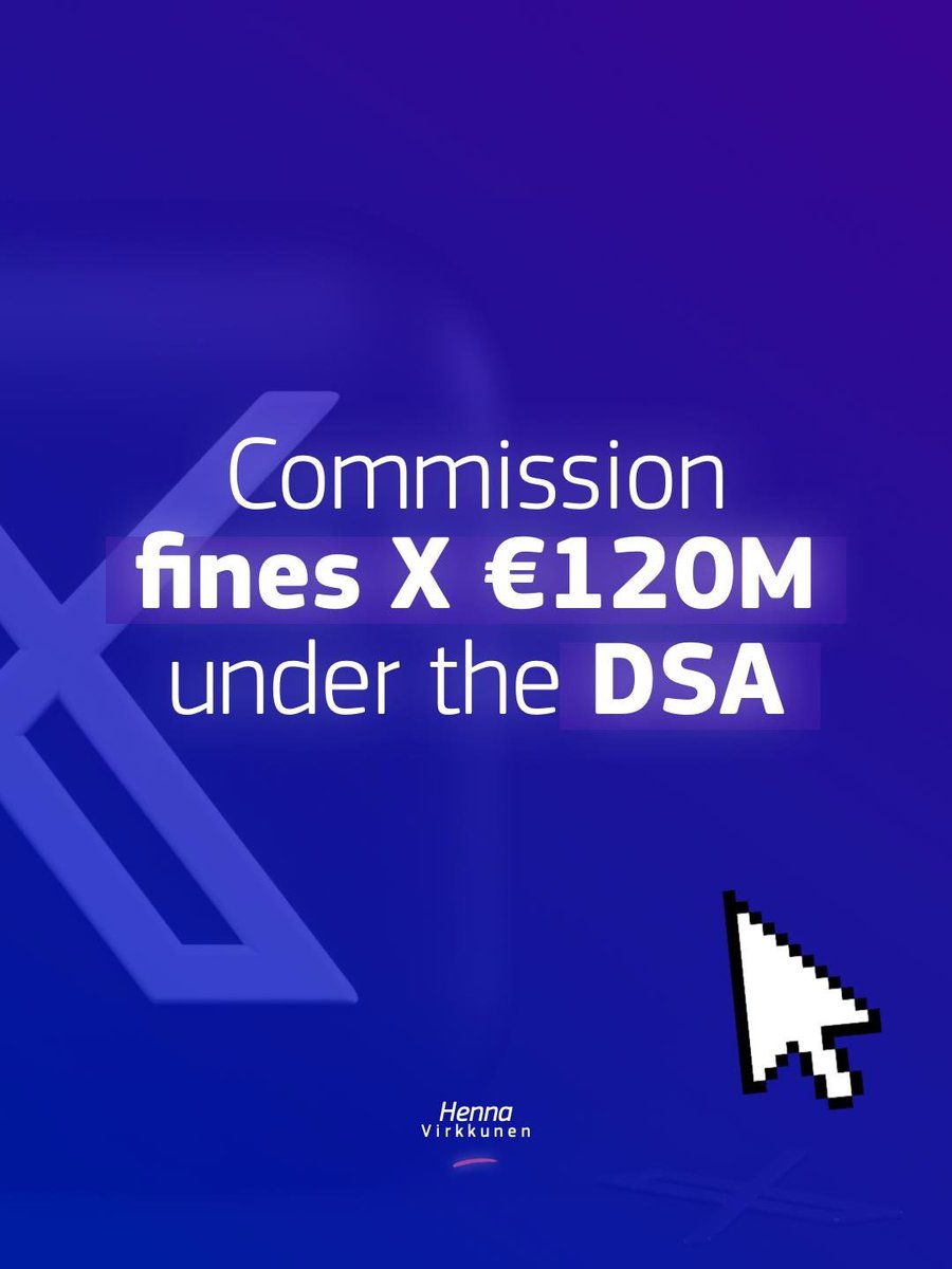 HennaVirkkunen's tweet image. Today, we have issued a fine to X for breaching its transparency obligations under the #DSA. 

The breaches concern the deceptive design of its blue checkmark, the lack of transparency in its ads repository, and the failure to provide access to public data for researchers.