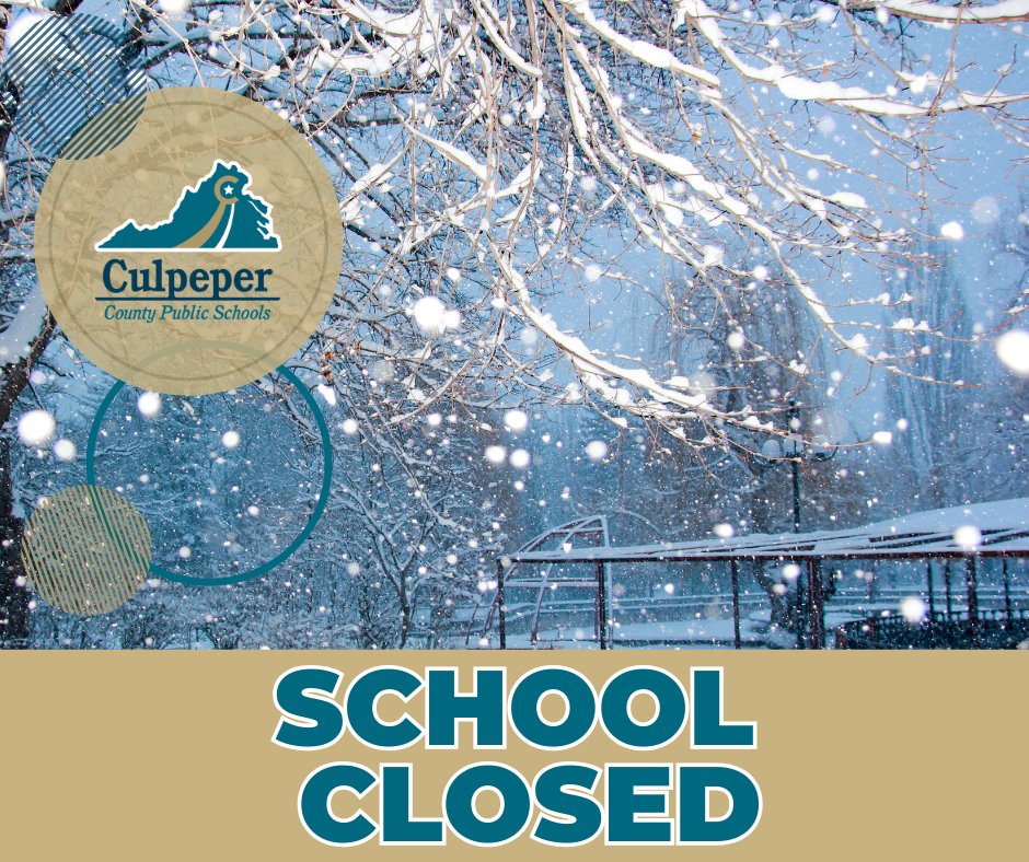 CCPSYES's tweet photo. UPDATE: Culpeper County Schools will be closed today, Friday. December 5, 2025 due to inclement weather.  Essential personnel and custodians report at noon. All other employees do not report. https://t.co/7zB3zcWawI