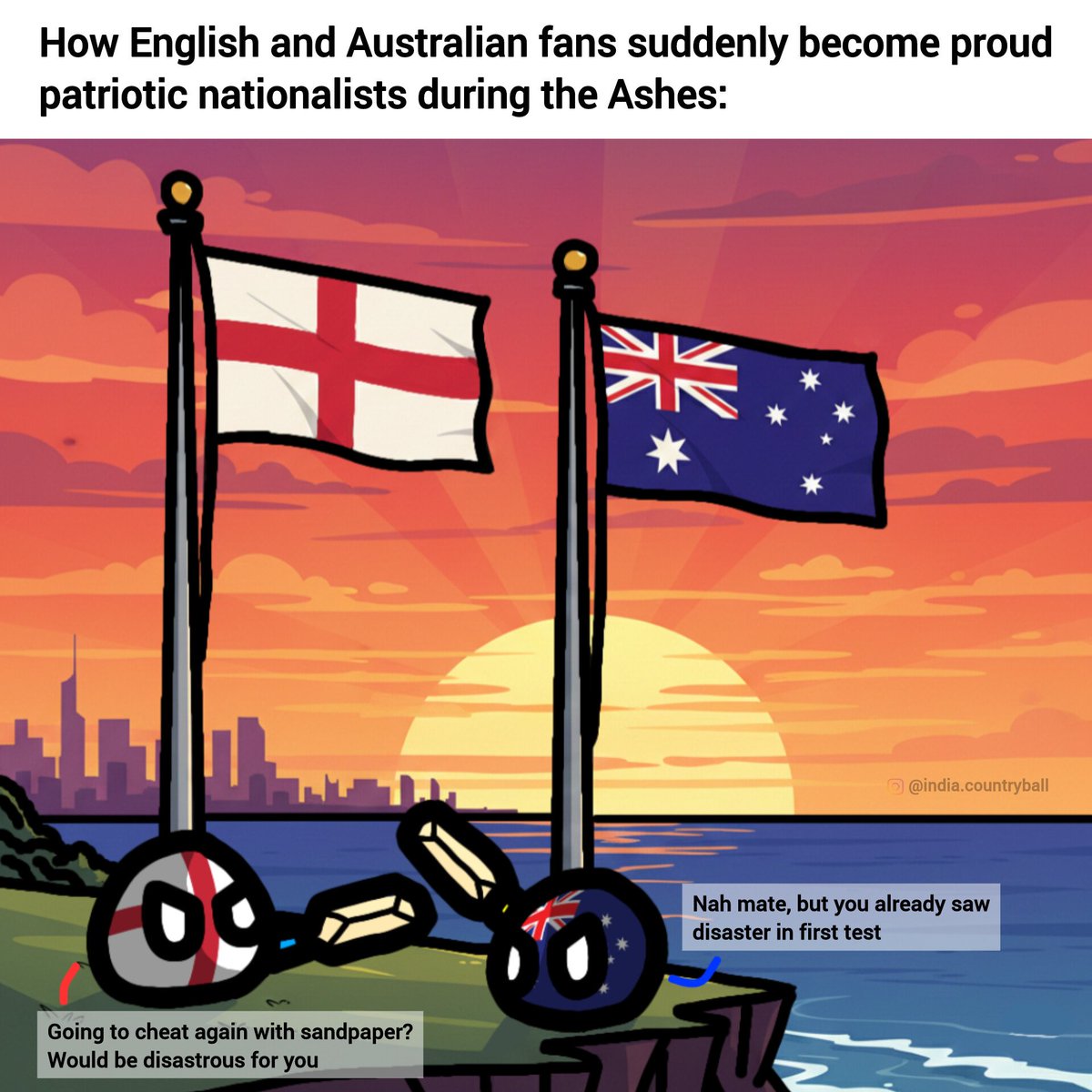 IndCountryball's tweet photo. Love to see English and Australian fans on Twitter/X fighting and trolling each other.

The Ashes is one of the most prestigious sporting events of the world. It is a Test cricket series played between England and Australia. https://t.co/gfChCHXC5D