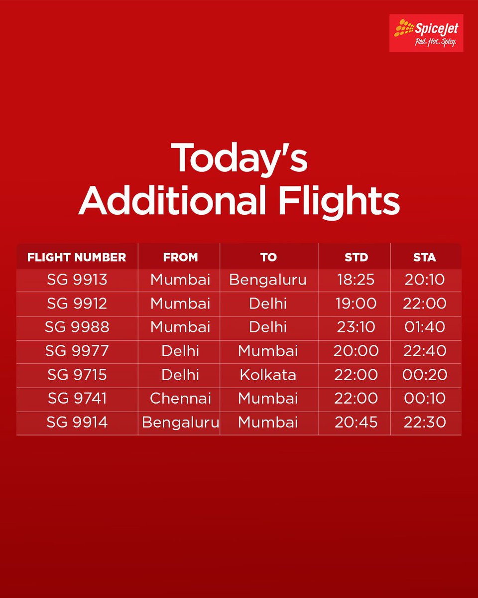 flyspicejet's tweet image. Quick update

We have added additional departures today and tomorrow for your convenience.

#flyspicejet #spicejet #AdditionalFlights #flights #aviation #addspicetoyourtravel