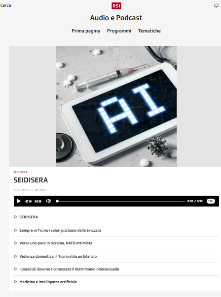 🎙️Ascolta la mia intervista nel podcast del programma radiofonico #seidisera della Radio Svizzera Italiana dedicato all'IA e medicina.

📎Qui il link per sentire il podcast rsi.ch/rete-uno/progr…

🛠️Segui "Medicina e intelligenza artificiale" dalla pagina del podcast