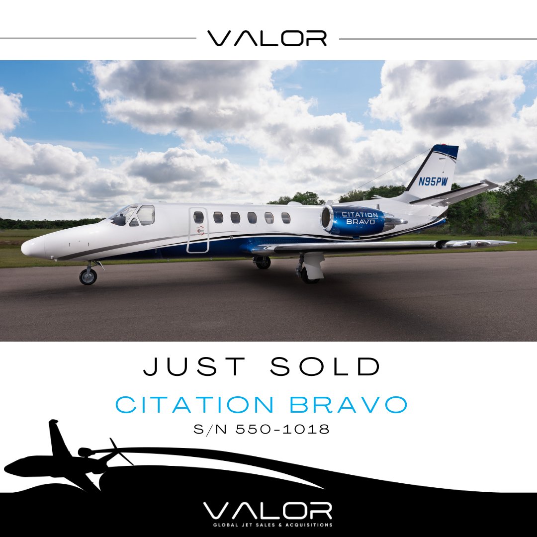 ValorJets's tweet image. Just Sold! 🛫 Citation Bravo, Serial No. 550-1018.
Thinking about selling your aircraft or exploring the current market? Let’s connect. ✈️

Listed. Sold.®

#ValorJets #ListedSold #BusinessJets #AircraftSales #PrivateJets #AviationMarket #LuxuryJets #JetSales #CitationBravo