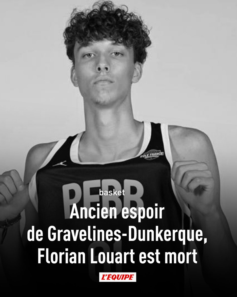 lequipe's tweet image. Florian Louart, ancien espoir du basket français, est mort mercredi à 22 ans d'une crise cardiaque. Il a disputé un match de Betclic Élite avec Gravelines-Dunkerque en 2022. l.lequipe.fr/IEz