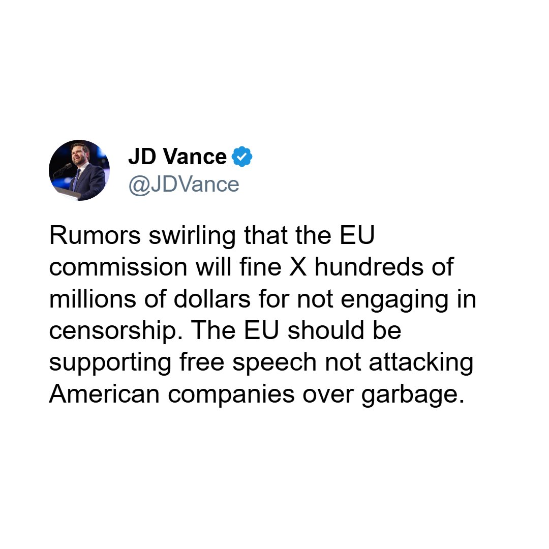 EricLDaugh's tweet image. 🚨 BREAKING: In an infuriating move, the EU just FINED 𝕏  $140 MILLION DOLLARS, despite VP JD Vance's warning not to.

This is outrageous.

The EU has just angered both 48 and Elon Musk. Bad move. REVERSE IT.