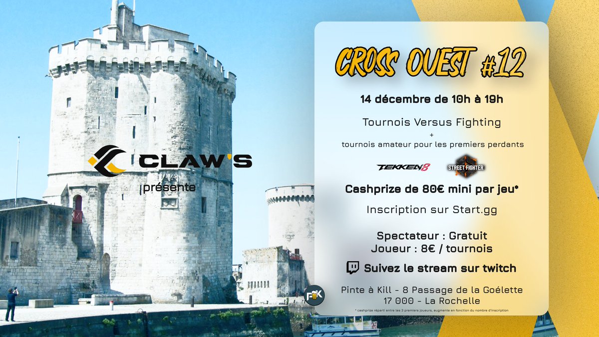 🔥 Dernier tournoi mensuel de l'année CROSS OUEST #12
📅 14 décembre dès 10h
🎮 Tournois Street Fighter 6 &amp; Tekken 8
🕹 Freeplay : 2XKO, Smash Bros Ultimate, Guilty Gear Strive et plus encore !
📝 Inscris-toi ici 👉 start.gg/tournament/cro…
<a href="/kahikusu/">Anis Kx Hmi</a>