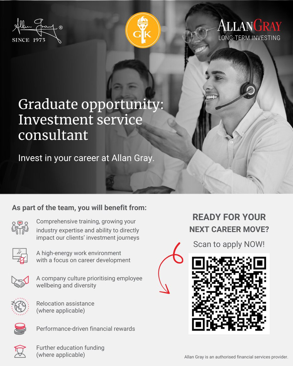 Attention Goldies — your next big career break is here!

Allan Gray is looking for passionate, driven graduates to join their team as Investment Service Consultants.

Ready to learn more and apply? Scan the QR code NOW!

#yesGK #AllanGray   #GraduateOpportunity