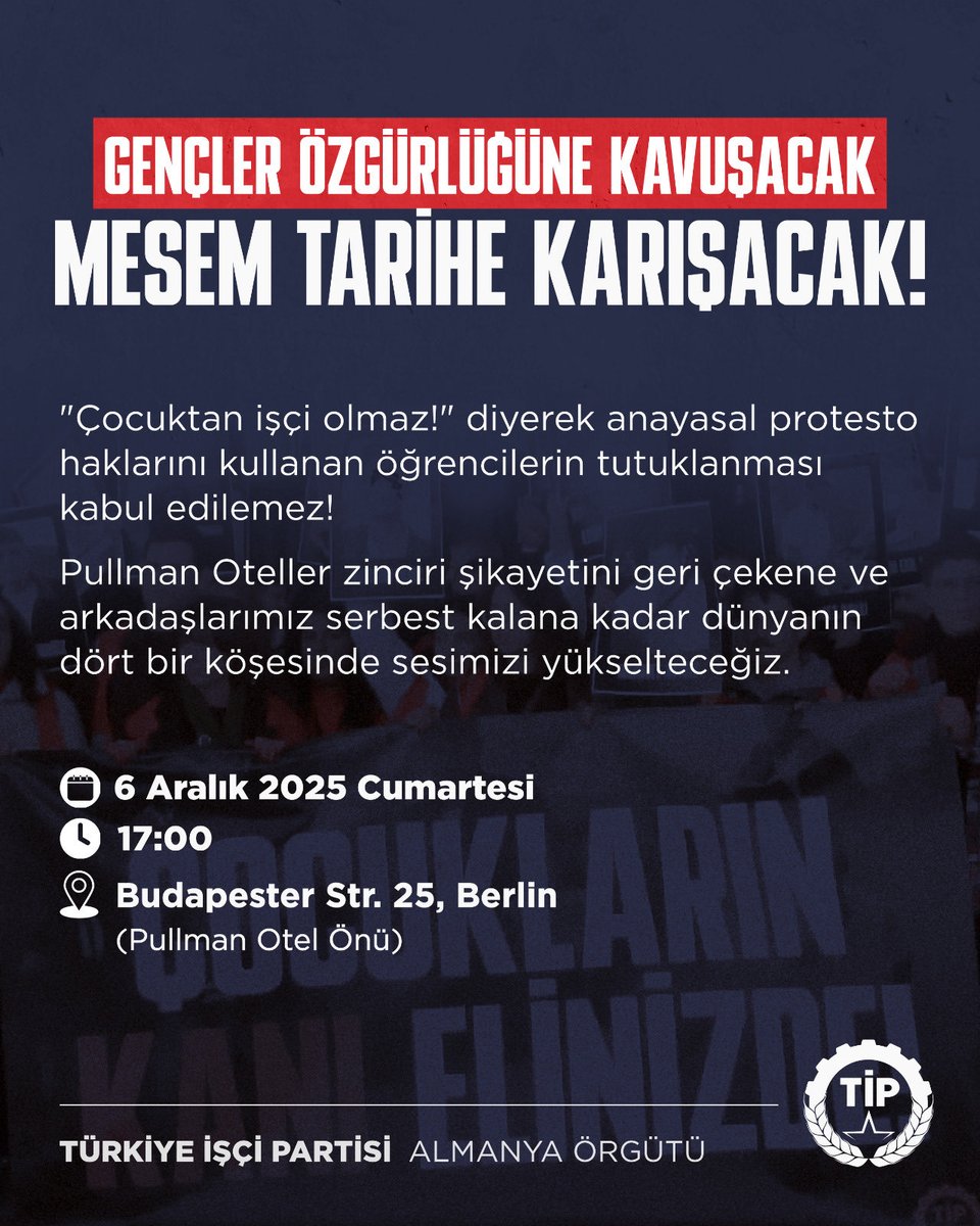 "Çocuktan işçi olmaz!" diyerek anayasal protesto haklarını kullanan öğrencilerin tutuklanması kabul edilemez!
Pullman Oteller zinciri şikayetini geri çekene ve arkadaşlarımız serbest kalana kadar dünyanın dört bir köşesinde sesimizi yükselteceğiz.