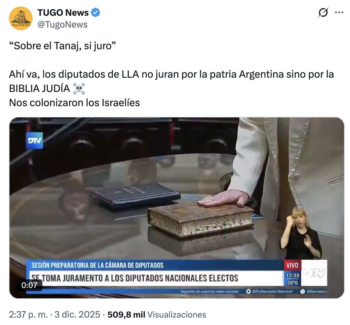 Hay que recordar que ésta, "TugoNews" es una cuenta antisemita. No es poco. No hay que seguir cuentas así, aunque parezcan estar de "nuestro lado".