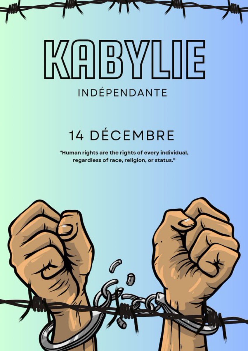 🚨 الأحد 14 دجنبر 2025
📌يوم تاريخي لإعلان إستقلال جمهورية القبائل الشقيقة
📌يوم التحرر من الاستعمار الجزائري، الموروث عن الاستعمار الفرنسي 
#Free_Kabylia #الاحتلال_الجزائري #الجزائر