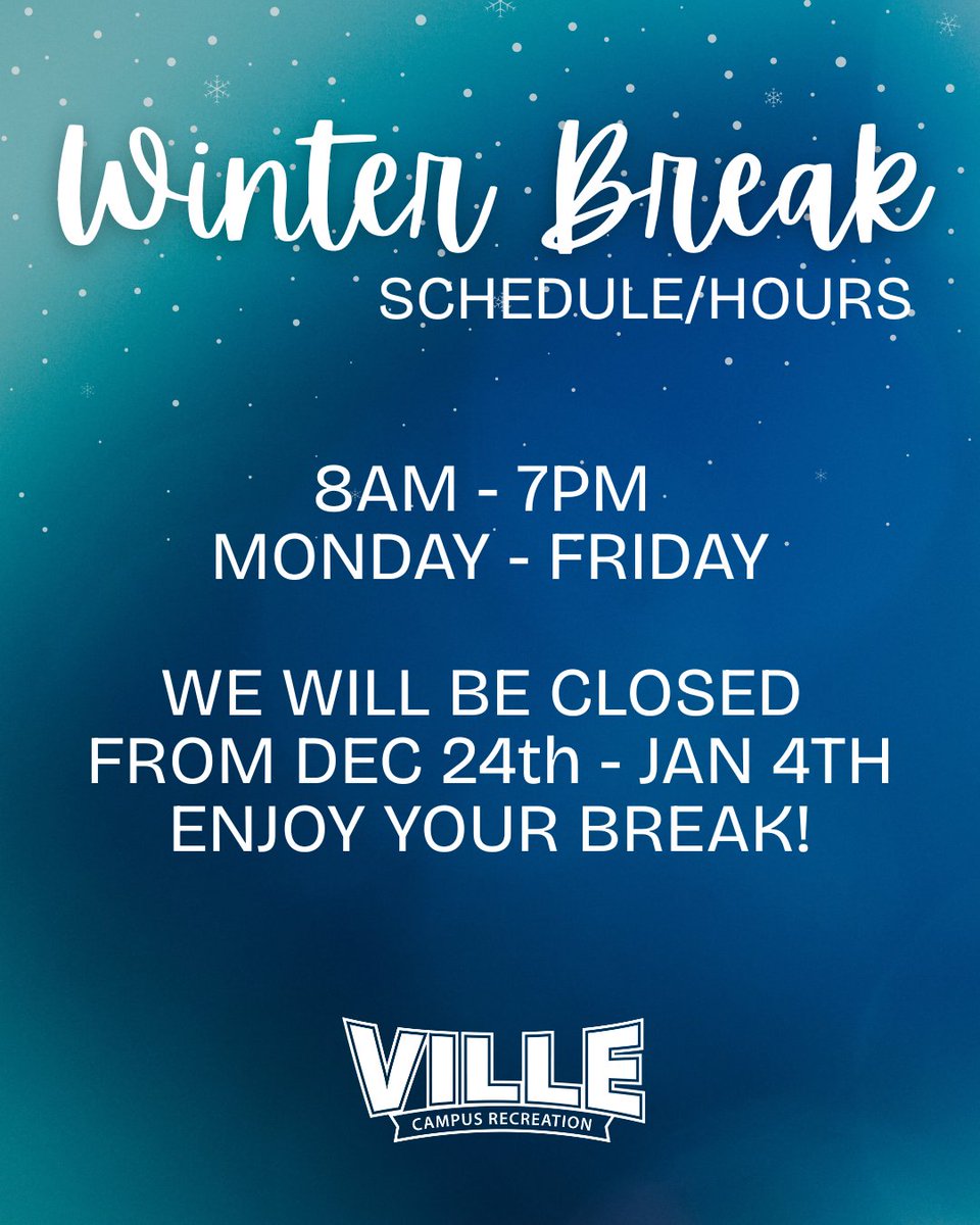 MUCampusRec's tweet photo. Here is our updated schedule for over winter break. We hope you have a great break and enjoy your time off!! ✨🎄❄️ #mucampusrec #villecampusrec https://t.co/T198kjqusF