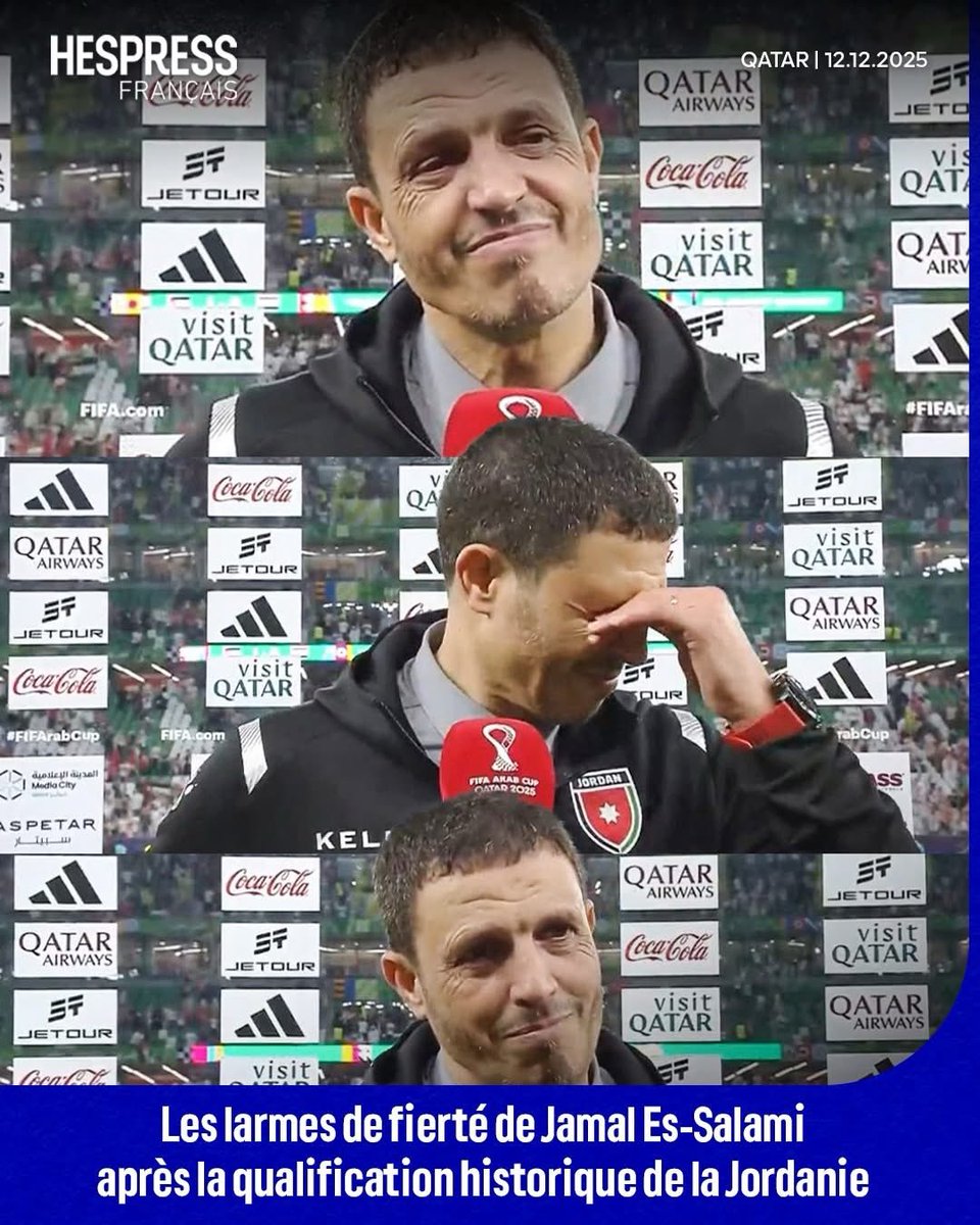 MOROCCOPART's tweet photo. Le Marocain Jamal Es-Salami, sélectionneur de la Jordanie, ému après la qualification historique 🇯🇴

#LTM #FRMF #FIFA #ArabCup #UAFA #CoupeArabe #كاس_العرب #Maroc #UAE #Maroc #Algerie #hespress https://t.co/woRE3JXjcn