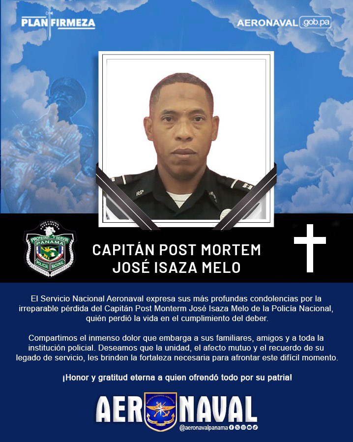 La #FamiliaAeronaval se une al dolor de familiares, amigos y compañeros del Capitán Post Mortem José Isaza Melo. 

Repudiamos enérgicamente la acción criminal que segó la vida  de nuestro compañero uniformado, mientras cumplía con su deber.
