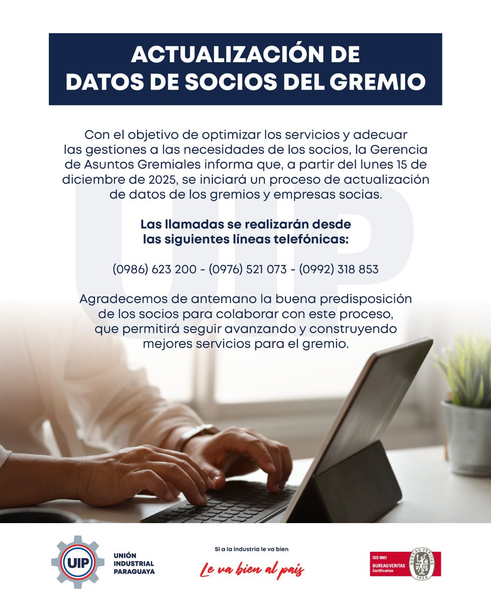 UIP_py's tweet image. ✅ La UIP iniciará un proceso de actualización de datos de gremios y empresas asociadas a partir del lunes 15 de diciembre de 2025.

🤝 Agradecemos la predisposición de los socios en esta actualización, que permitirá continuar avanzando en una gestión más eficiente y cercana.
