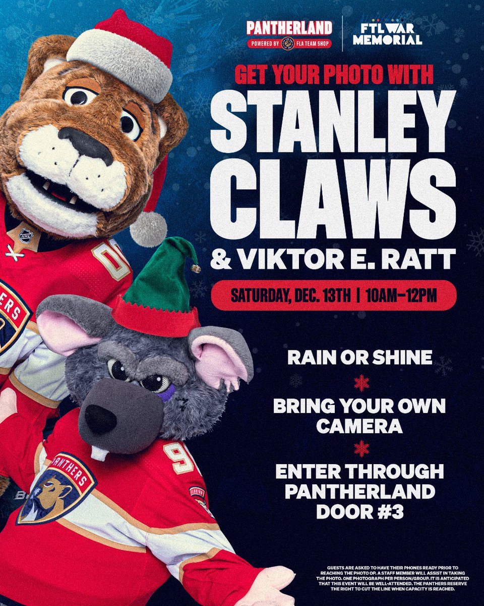 FlaTeamShop's tweet image. 🚨 REMINDER!

Get your photo with Stanley Claws and Viktor TOMORROW at Pantherland in @BHIcePlex from 10am - 12pm 🎅🐀