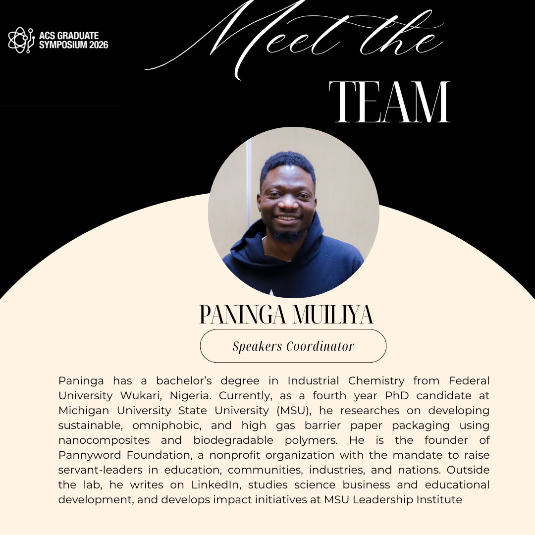 acsgsspc26's tweet photo. Meet the ACS GSSPC Fall 2026 Speakers Coordinator, Paninga Muiliya, who has been working diligently to ensure we have excellent speakers for the symposium. https://t.co/4UIFnhRcZN