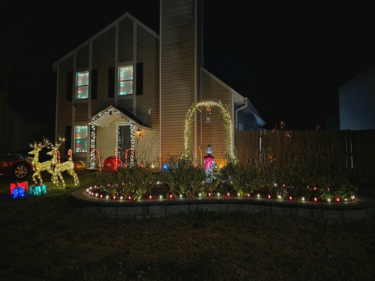 Frenotx's tweet photo. The husband and I decided to try decorating outside for Christmas, this year. Pretty happy with how it all came together! Not easy to photograph, though, so you'll have to use a bit of imagination, lol. https://t.co/Ahkn74FR99