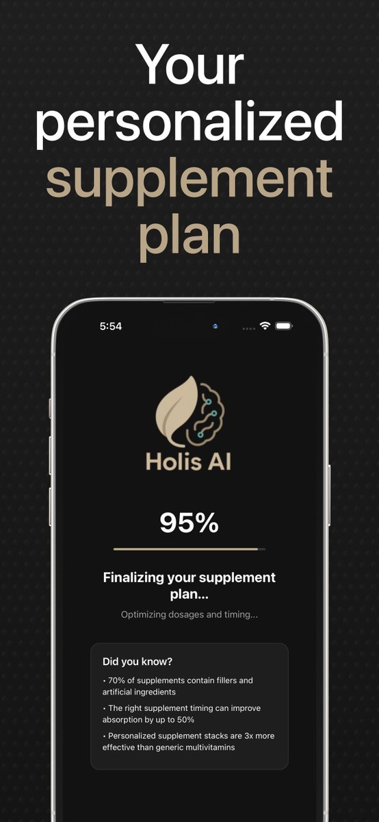 HolisAIapp's tweet image. Introducing Holis AI 🧵🧬:

Holis AI is a mobile app created and designed to curate the supplements of an individual based on current health metrics. With blood work results analyzing, supplement barcode scanning, stack curating, AI coaching/goal curation, and optimization timing