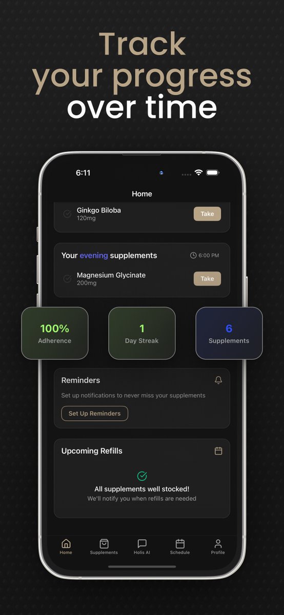 HolisAIapp's tweet image. Introducing Holis AI 🧵🧬:

Holis AI is a mobile app created and designed to curate the supplements of an individual based on current health metrics. With blood work results analyzing, supplement barcode scanning, stack curating, AI coaching/goal curation, and optimization timing