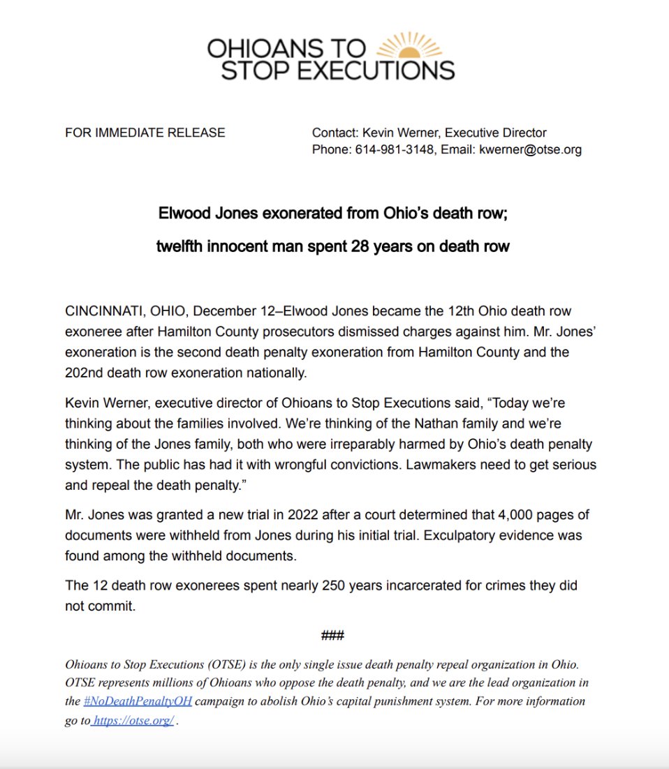 RDunhamDP's tweet image. New Death Row Exoneration — Elwood Jones exonerated from Ohio’s death row; twelfth innocent man spent 28 years on death row. @OhStopExecution @ohiojpc @WTIUSA @uscedp @WTIUSA #deathpenalty