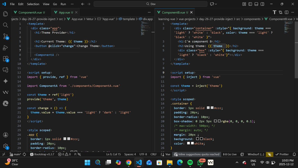 makima_dev1's tweet image. Day 26 ✅

Learned provide/inject today! 🔌
Built a theme provider where the grandchild component gets theme data directly from the grandparent

No props through the parent needed! 
That clicked! 
#VueJS #LearnInPublic #100DaysOfCode