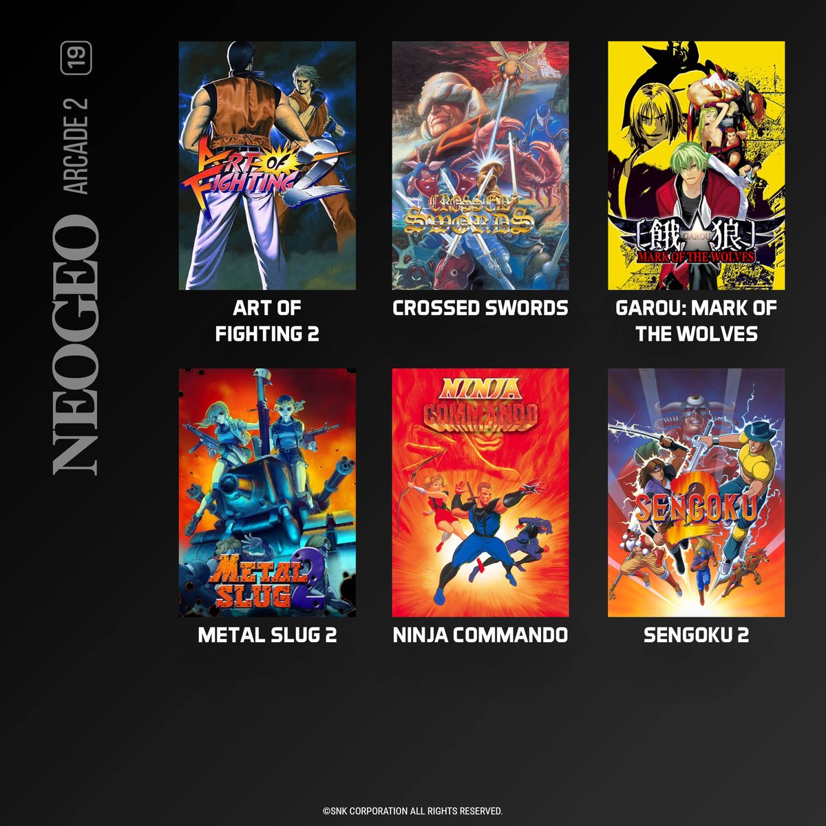 evercaderetro's tweet photo. NEOGEO Arcade 2 is available now worldwide! Prove your skills in the bone-crunching fighters GAROU: MARK OF THE WOLVES and ART OF FIGHTING 2, hack and slash through a fantasy adventure in CROSSED SWORDS, blast through the comic mayhem of METAL SLUG 2 and more! https://t.co/PcjaGOScI6