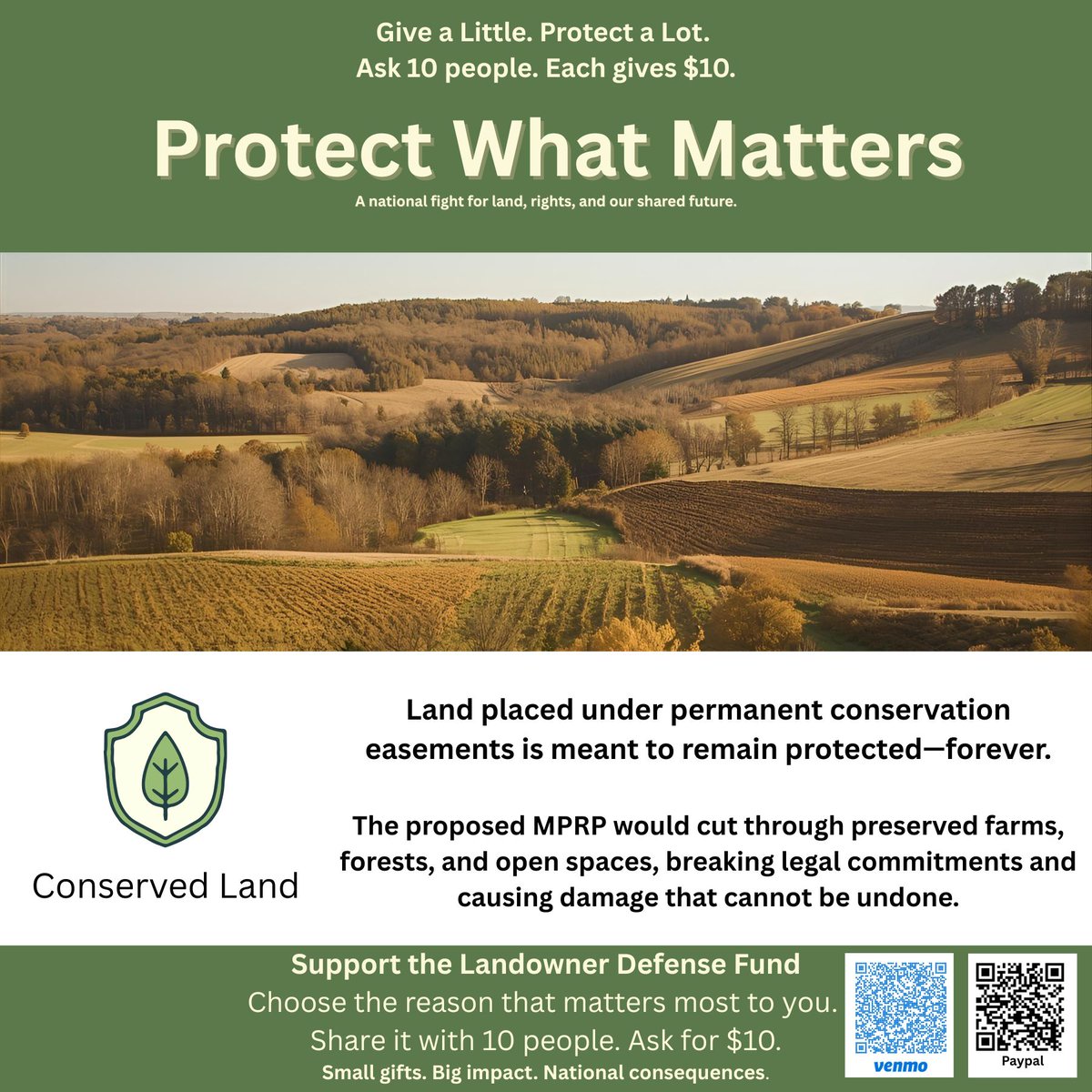 STOPMPRP's tweet photo. If conserved land matters to you, please share.

The proposed MPRP would cut through:
• 245+ acres of conserved land
• 224+ acres under MALPF protection
• 1,800+ acres of conserved land nearby

Protected should mean protected—forever.

Share with 10 people. Ask $10 each.
💚 https://t.co/7uaOASQEYd