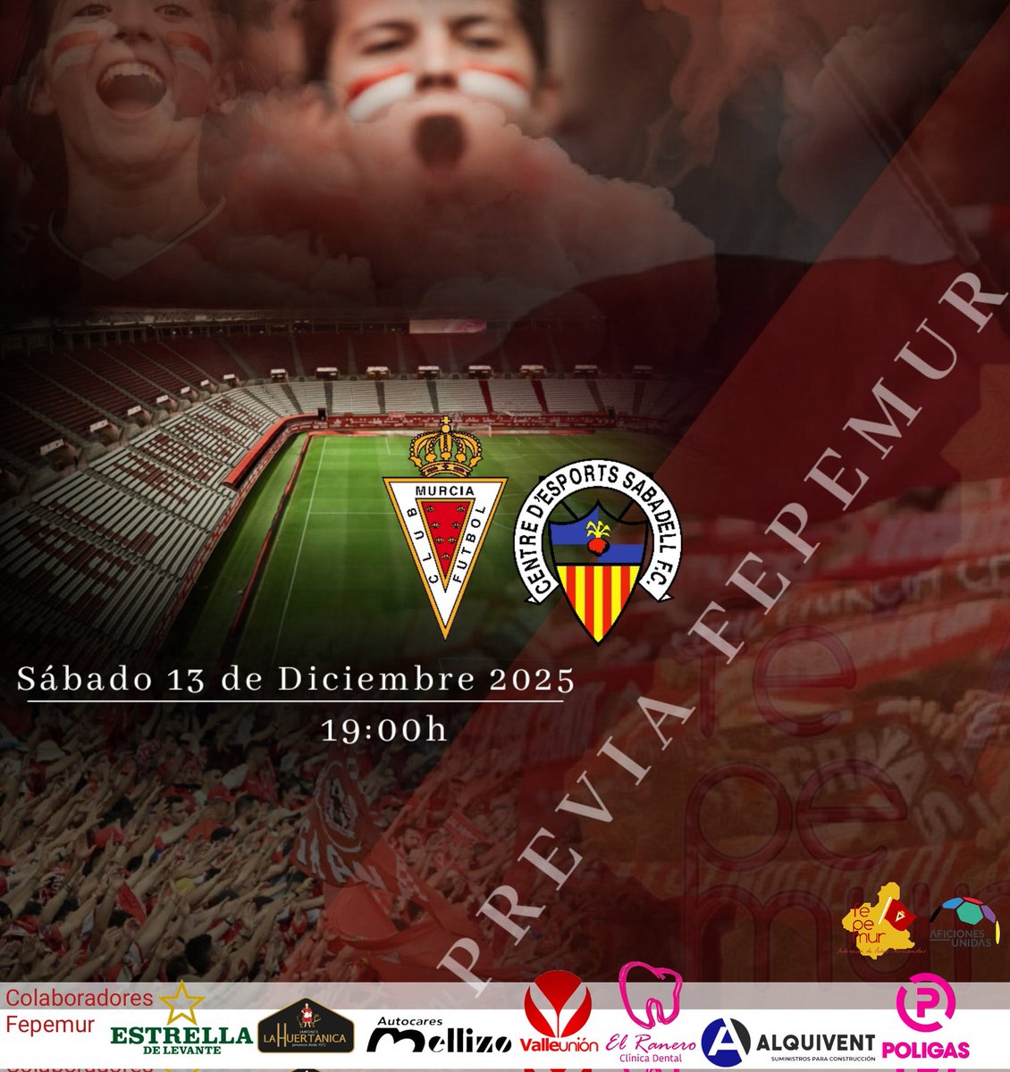 🔴 PREVIA FEPEMUR 🔴

Mañana, sábado 13 de diciembre, vive la mejor previa desde las 19:00h! 💪🏻
Disfruta de la mejor música murcianista, sorteos, tus 🥧🍕🥟 y el mejor ambiente para calentar bien la garganta 🗣️ para animar a nuestro Real Murcia ❤️ 🤍 

Te lo vas a perder? 🤔